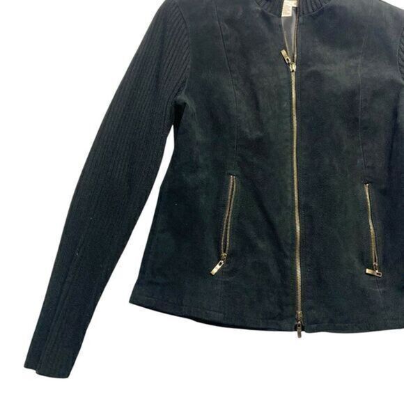 AMI Leather Moto Jacket Women Size Medium Black Suede Full Zip Up Pockets Bomber - Picture 3 of 13